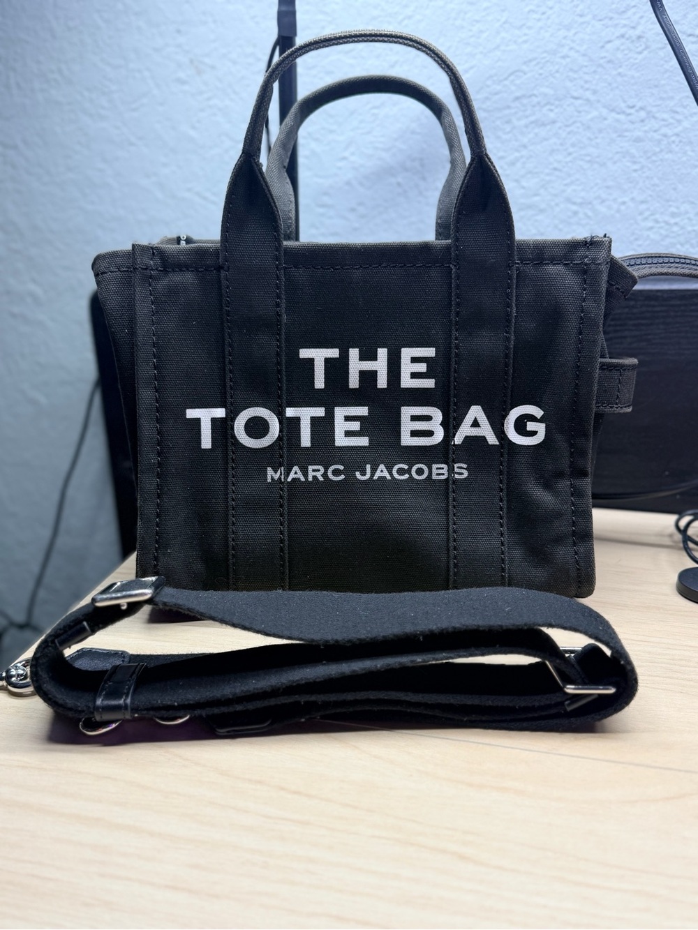 Marc Jacobs Black Canvas The Tote Bag with White Logo